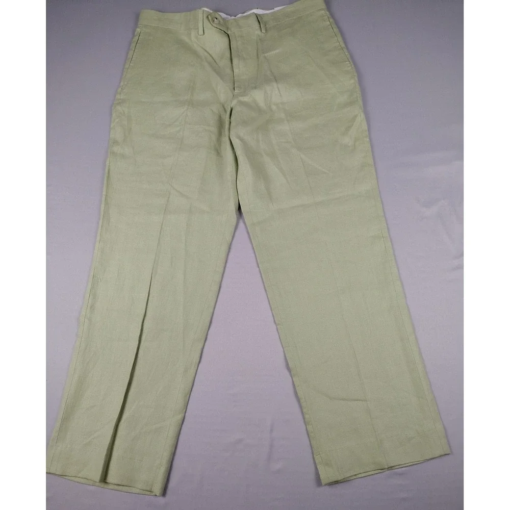 Paul Fredrick Pants Mens 37x30 Sage Green 100% Linen Flat Front NWT Chino Casual
